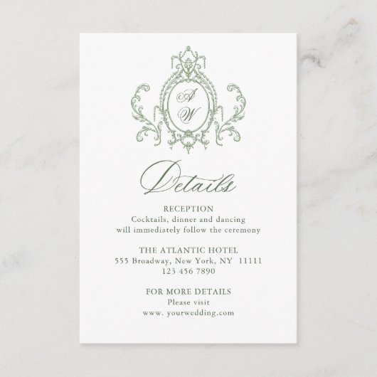 ビクトリアン華美フローラセージ結婚グリーン詳細 エンクロージャーカード (正面)