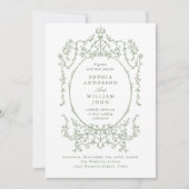 ビクトリアン華美フローラセージ緑QRコード結婚 招待状 (正面)