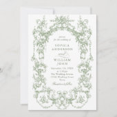 ビクトリアン華美フローラセージ緑QRコード結婚 招待状 (正面)