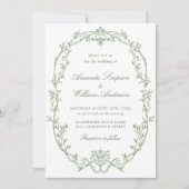 ビクトリアン華美フローラセージ緑QRコード結婚 招待状 (正面)