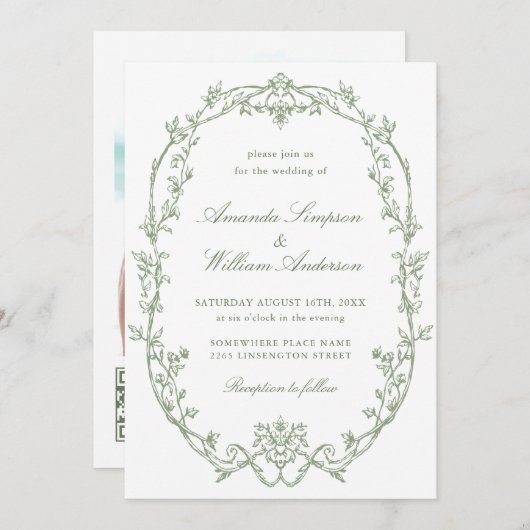 ビクトリアン華美フローラセージ緑QRコード結婚 招待状 (正面/裏面)