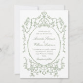 ビクトリアン華美フローラセージ緑QRコード結婚 招待状 (正面)
