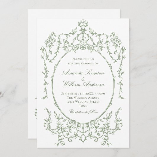 ビクトリアン華美フローラセージ緑QRコード結婚 招待状 (正面/裏面)