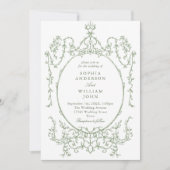 ビクトリアン華美フローラセージ緑QRコード結婚 招待状 (正面)