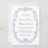 ビクトリアン華美フローラダスティブルーQRコー結婚ド 招待状 (正面)