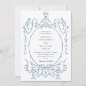 ビクトリアン華美フローラダスティブルーQRコー結婚ド 招待状 (正面)