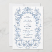 ビクトリアン華美フローラダスティブルーQRコー結婚ド 招待状 (正面)
