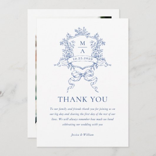 ビクトリアン華美フローラダスティー結婚ブルーの写真 サンキューカード (正面/裏面)