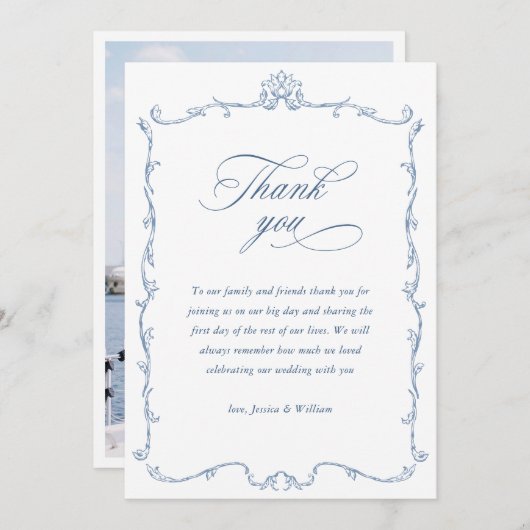 ビクトリアン華美フローラダスティー結婚ブルーの写真 サンキューカード (正面/裏面)