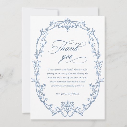 ビクトリアン華美フローラダスティ結婚ブルーのQRコード サンキューカード (正面)