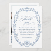 ビクトリアン華美フローラダスティ結婚ブルーのQRコード サンキューカード (正面/裏面)