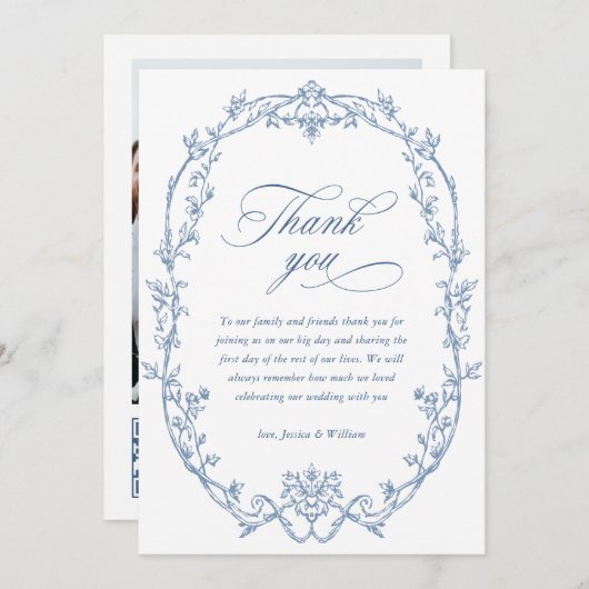 ビクトリアン華美フローラダスティ結婚ブルーのQRコード サンキューカード (正面/裏面)