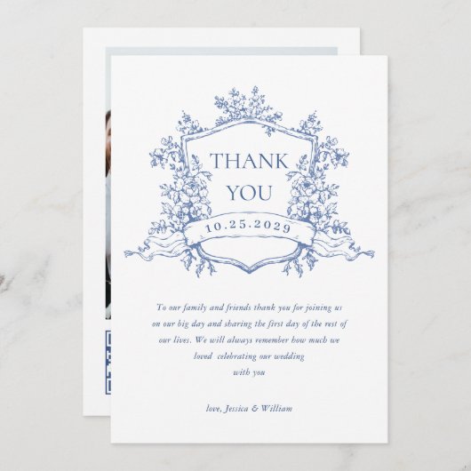 ビクトリアン華美フローラダスティ結婚ブルーのQRコード サンキューカード (正面/裏面)