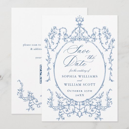 ビクトリアン華美フローラダスティ結婚ブルーのQRコード セーブザデート (正面/裏面)
