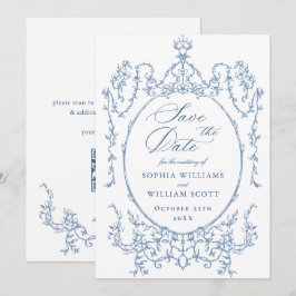 ビクトリアン華美フローラダスティ結婚ブルーのQRコード セーブザデート