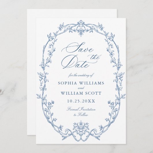 ビクトリアン華美フローラダスティ結婚ブルーのQRコード セーブザデート (正面/裏面)