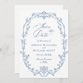 ビクトリアン華美フローラダスティ結婚ブルーのQRコード セーブザデート