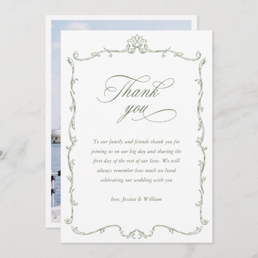ビクトリアン華美フローラSage Green結婚の写真 サンキューカード (正面/裏面)