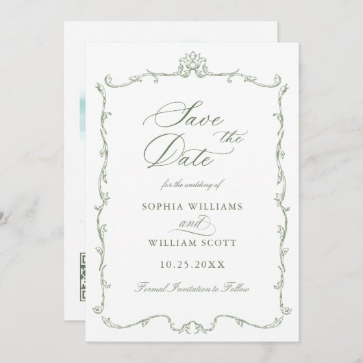 ビクトリアン華美フローラSage Green結婚の写真 セーブザデート (正面/裏面)