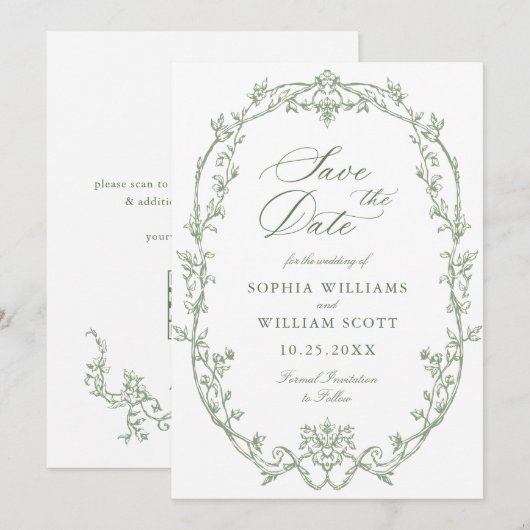 ビクトリアン華美フローラSage Green結婚のQRコード セーブザデート (正面/裏面)
