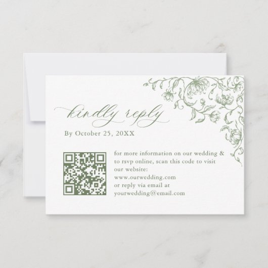 ビクトリアン華美フローラSage Green結婚のQRコード 出欠カード (正面)