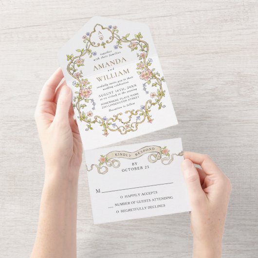 ビクトリアン華美猶予フローラ結婚枠 オールインワン招待状 (貼ってはがせる)