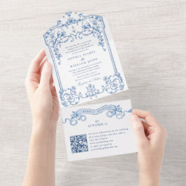 ビクトリアン華美Graceフローラ結婚 BlueのQRコード オールインワン招待状