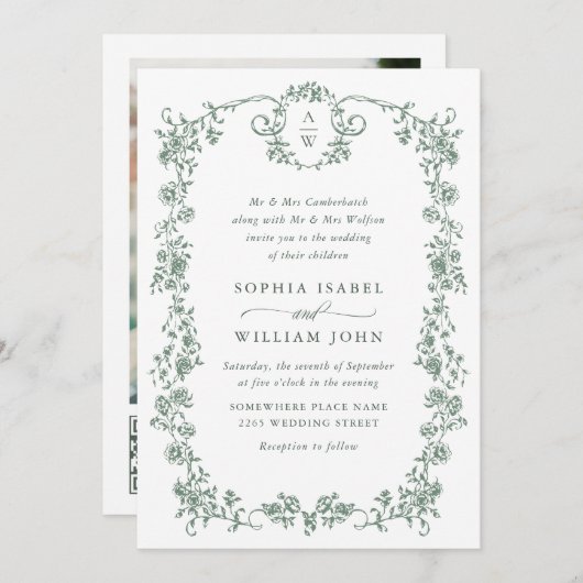 ビクトリアン華美Grace Green写真QRコード結婚 招待状 (正面/裏面)