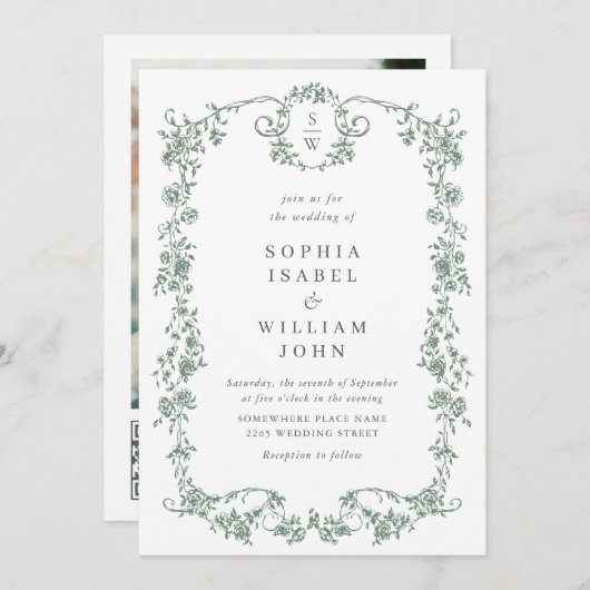 ビクトリアン華美Grace Green写真QRコード結婚 招待状 (正面/裏面)