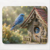 ビクトリアン調の鳥小屋にヒスイ色の鳥 マウスパッド (正面)