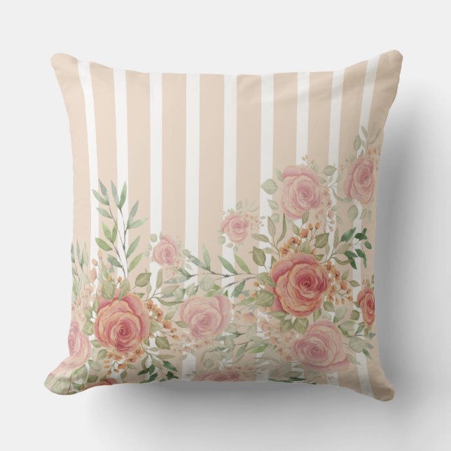 ビクトリアン赤面ピンクのバラの水彩画 アウトドアクッション (正面)