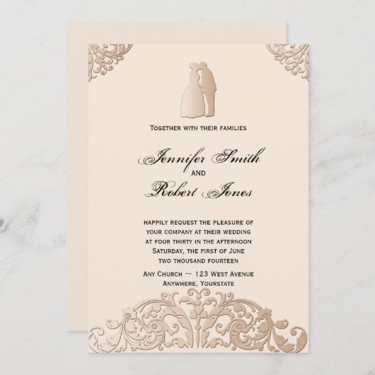 ビクトリアン金ゴールドフィリグレ結婚式招待状 招待状 (正面/裏面)