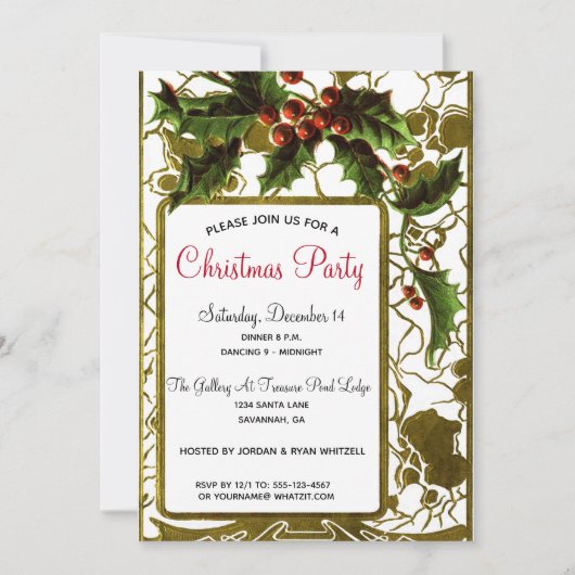 ビクトリアン金ゴールドフレレースのようームとホリークリスマスパーティー 招待状 (正面)