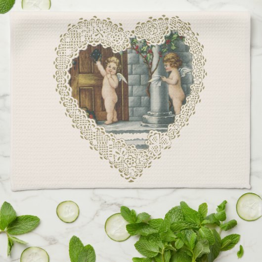 ビクトリアン風バレンタインデー ヴィンテージエンジェル便り付 キッチンタオル (折り畳み)