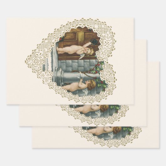 ビクトリアン風バレンタインデー ヴィンテージエンジェル 便のラブレター付き ラッピングペーパーシート (セット)