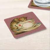 ビクトリアン風 ネコ ティーカップ かわいい アンティーク スクエアペーパーコースター (アングル)