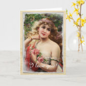 ビクトリアン・ウーマン with ピンクのバラのグリーティングカード カード (黄色い花)