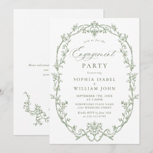 ビクトリアン オルネート グレイス サージュグリーン 婚約パーティー 招待状 (正面/裏面)