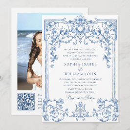 ビクトリアン オルネート グレイス フローラル ダスティーブルー ウェディング 招待状