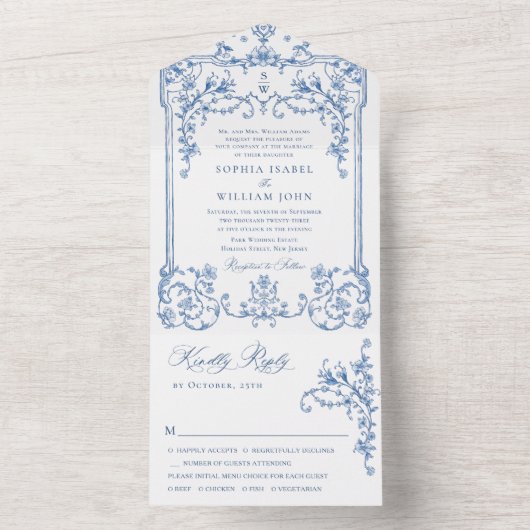 ビクトリアン オーナメント グレイス フローラル ダスティーブルー ウェディング オールインワン招待状 (内側)