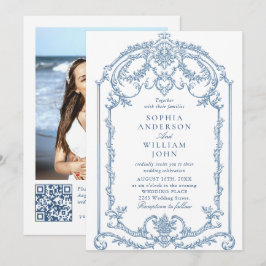 ビクトリアン オーナメント フラワー ダスティーブルー QRコード ウェディング 招待状