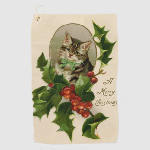 ビクトリアン・クリスマスの子猫とヒイラギの古風なトラ柄 ゴルフタオル