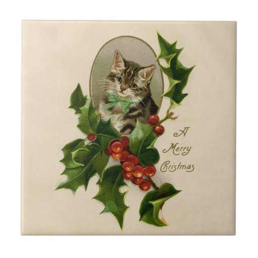 ビクトリアン・クリスマスの子猫とヒイラギの古風なトラ柄 タイル (正面)