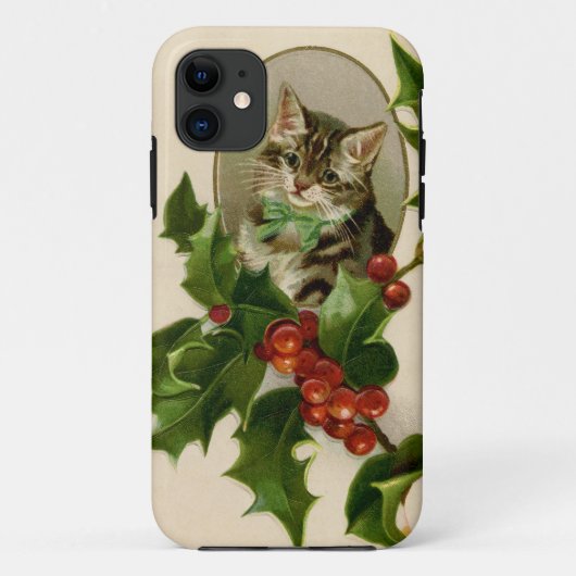 ビクトリアン・クリスマスの子猫とヒイラギの古風なトラ柄 Case-Mate iPhoneケース (裏面)