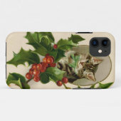 ビクトリアン・クリスマスの子猫とヒイラギの古風なトラ柄 Case-Mate iPhoneケース (裏面(横))