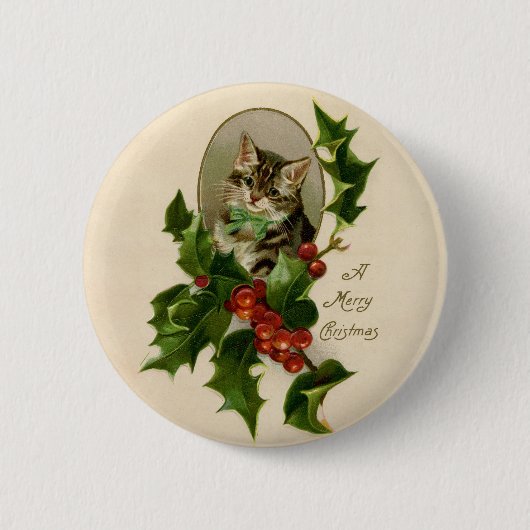 ビクトリアン・クリスマスの子猫とヒイラギの古風タビー 缶バッジ (正面)