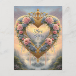 ビクトリアン、ゴールドのハートに花とメッセージ ポストカード