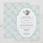 ビクトリアン スタイルの青い背景のハイティーパーティー 招待状 (正面/裏面)