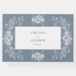 ビクトリアン-スタイル結婚の青と白い花 ゲストブック