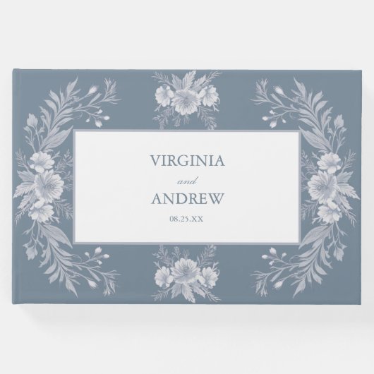 ビクトリアン-スタイル結婚の青と白い花 ゲストブック (正面)